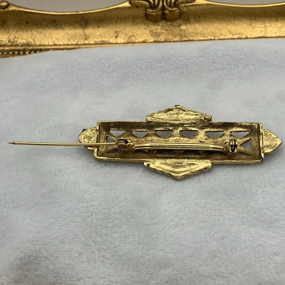 Art Deco Clear Red Rhinestones Bar Brooch Gold Tone Great Gatsby Flapper Glamour